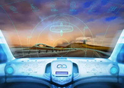 A very futuristic dashbord with a road and a sunset in the background