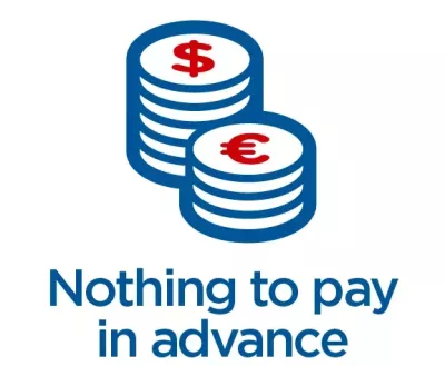 A stack of coins with "nothing to pay in advance" written below