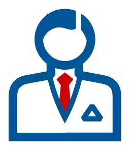 A logo of a person in a working suit