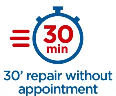 A stopwatch with "30 min" written in it and "30' repair without appointment" written below"